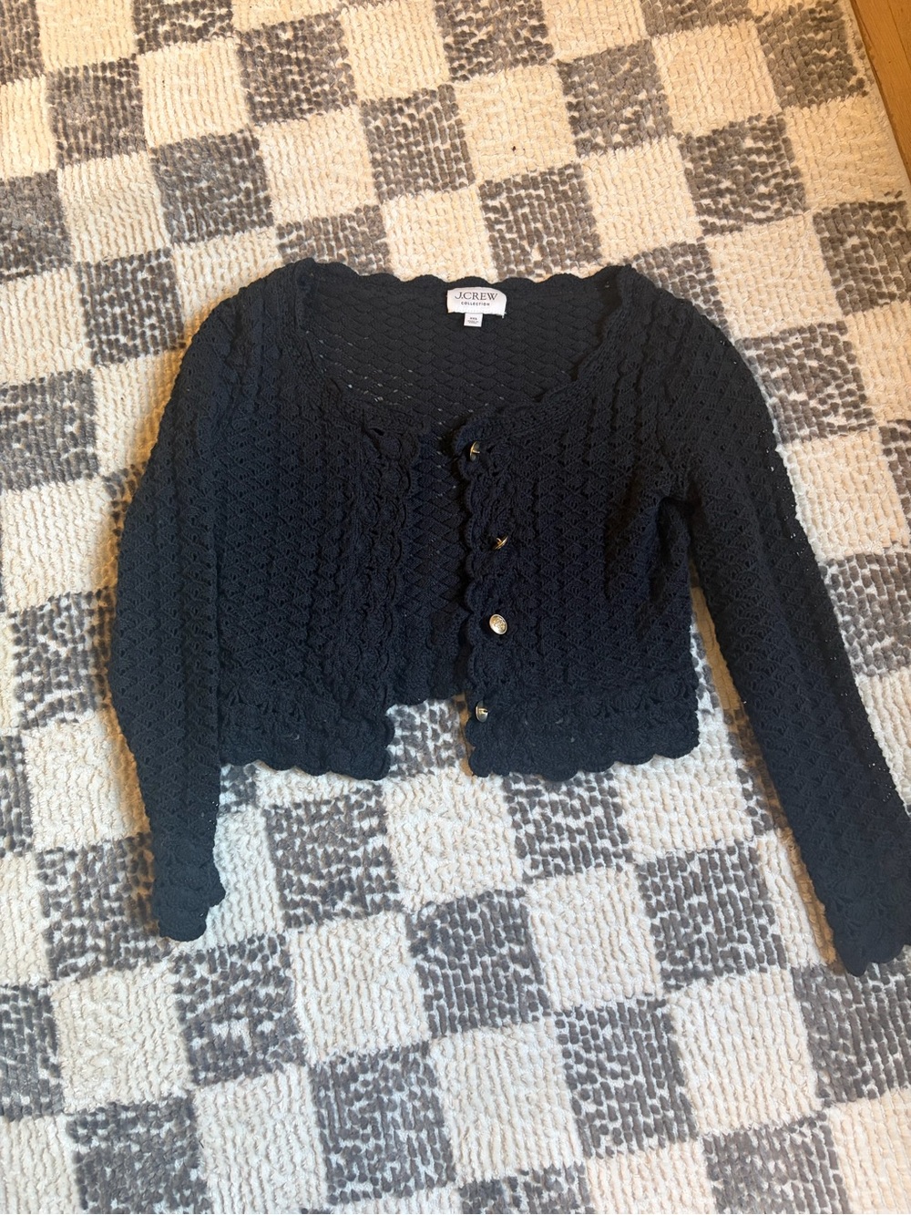 J. Crew Black Cropped Scalloped Cable-Knit Cardigan